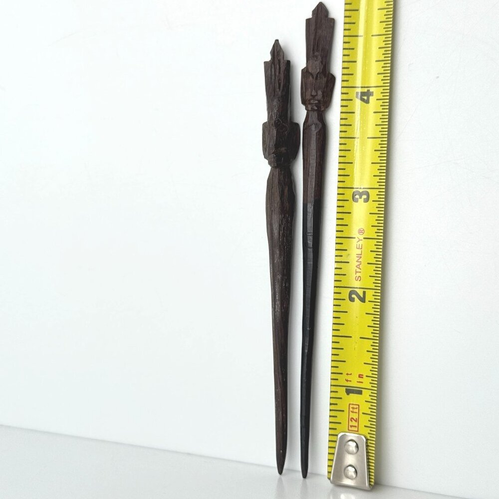 Hand-Carved Wooden Hair Sticks Tribal Face Design Approx. 4.5" Vintage